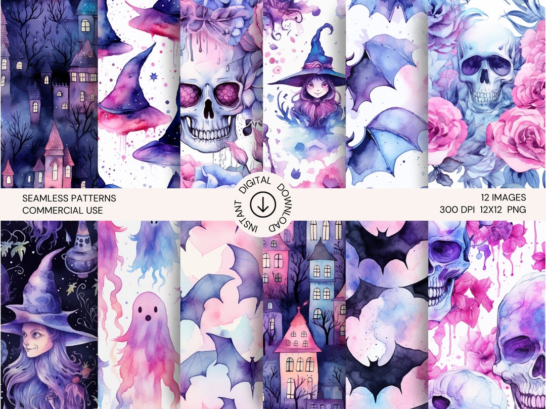 Pastel Pink Halloween Seamless Pattern - Watercolor Digital Papers for ...
