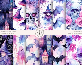 May include: Twelve digital seamless patterns featuring watercolor illustrations of bats, skulls, witches, ghosts, and houses. The patterns are in shades of purple, pink, and blue on a white background.  The text "Seamless Patterns Commercial Use" is at the bottom of the image.