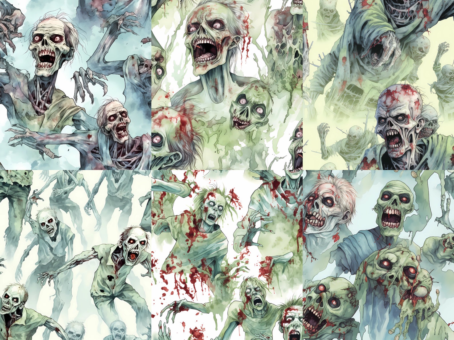 Zombies Seamless Pattern - Halloween Apocalypse: Watercolor Digital ...