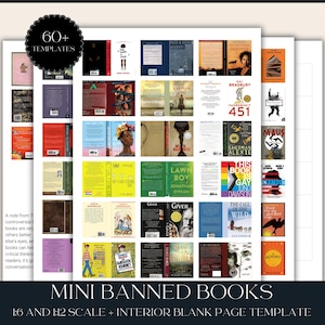 Miniature Books || Printable 1:12  .5&quot;x.75&quot; Set of 60+ Banned Books Dollhouse Mini Books Tiny Books Junk Journal Kit Anxiety Bookshelf