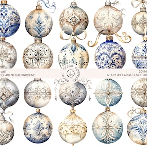 Scandinavian Christmas Ornaments Clip Art Bundle | 20 PNGs, Hand Drawn, Watercolor, Silver, Gold, Blue