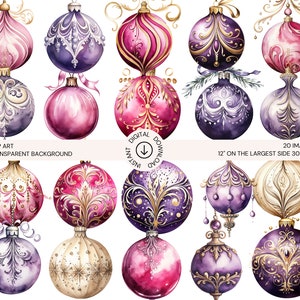 Scandinavian Christmas Ornaments Clip Art Bundle | 20 PNGs, Hand Drawn, Watercolor, Magenta, Purple, Gold