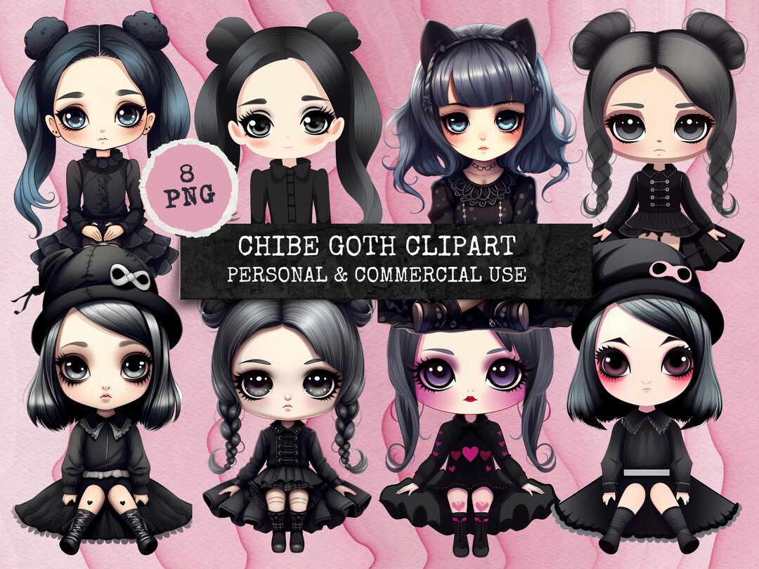 Cute Goth Girl Clipart Bundle | 8 Pngs, Hand Drawn, Watercolor, Kawaii ...