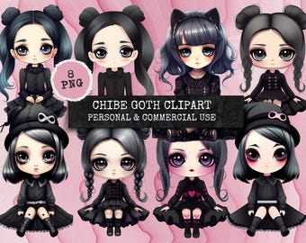 Cute Goth Girl Clipart Bundle | 8 PNGs, Hand Drawn, Watercolor, Kawaii, Chibi