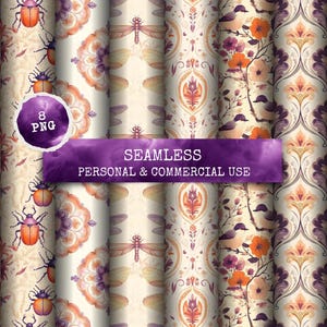 Patrón sin costuras con libélulas y escarabajos morados y melocotón de estilo Art Nouveau para papel imprimible, revistas basura y álbumes de recortes: descarga digital