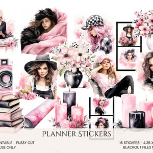 May include: A set of 16 planner stickers featuring watercolour illustrations of women, flowers, candles, books, and a camera. The stickers are designed for personal use only and are fussy cut. The text "PLANNER STICKERS" is included in the image.