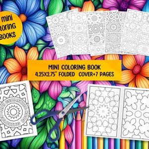 May include: Five mini coloring books with geometric designs. Each book is 4.25 inches by 2.75 inches when folded and includes a cover and seven pages.