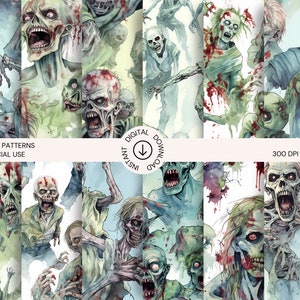 May include: Twelve digital seamless patterns featuring watercolor illustrations of zombies in various poses. The patterns are perfect for Halloween or horror themed projects.  The text "Seamless Patterns Commercial Use" and "Instant Digital Download" is included in the image.