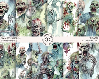 Zombies Seamless Pattern - Halloween Apocalypse: Watercolor Digital Papers for Instant Download, Commercial License