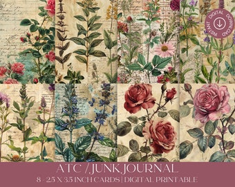 Vintage Botanicals Printable ATC Junk Journal Cards Digital Download Printable Scrapbooking Florals Greenery