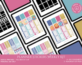 May include: A digital planner sticker kit featuring colourful floral designs and a range of planner stickers. The kit includes 4 sheets of 8.5 x 11 inch stickers and 2 blackout cut files. The stickers are designed for personal use only.