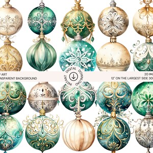 Scandinavian Christmas Ornaments Clip Art Bundle | 20 PNGs, Hand Drawn, Watercolor, Green, Teal, Gold, Silver