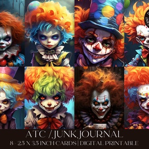 ATC Artist Trading Cards || Creepy Clowns Printable Junk Journal Cards Digital Download Scrapbooking Vintage Ephemera