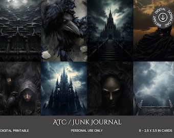 May include: Eight printable digital cards featuring gothic imagery, including a crow, a cathedral, and a hooded figure. The cards are 2.5 inches by 3.5 inches and are for personal use only. Digital Download.