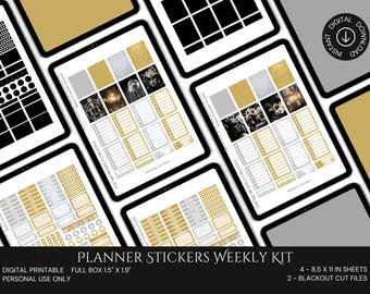May include: A set of planner stickers with a gold and silver glitter design. The stickers are in a weekly kit format and are 1.5 inches by 1.9 inches. The kit includes 4 sheets of stickers and 2 blackout cut files. The stickers are for personal use only.