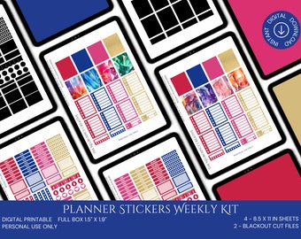 May include: Digital planner stickers weekly kit with colourful designs. The kit includes full box stickers, checklists, and decorative elements. The text on the image says "PLANNER STICKERS WEEKLY KIT" and "DIGITAL PRINTABLE FULL BOX 3.8cm X 4.8cm" and "PERSONAL USE ONLY".