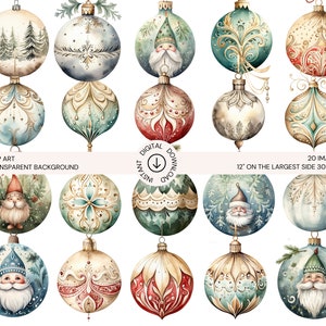 Scandinavian Christmas Ornaments Clip Art Bundle | Watercolor Green Red Gold Silver 20 PNGs Hand Drawn