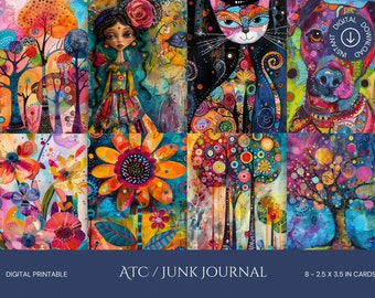 Whimsical 1 Ephemera Printable ATC Junk Journal Cards: Digital Download of Printable Scrapbooking