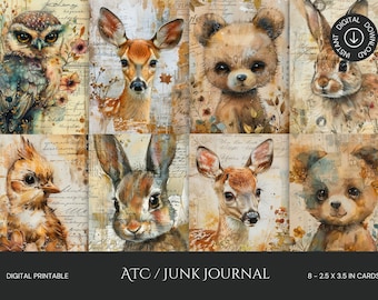 Vintage bedel bosdieren kortstondige afdrukbare ATC Junk Journal Cards: digitale download van afdrukbare scrapbooking
