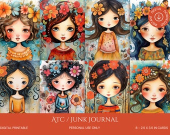 May include: Eight printable digital cards featuring illustrations of girls with floral crowns. The cards are 2.5 x 3.5 inches and are perfect for ATC or junk journaling. The text "DIGITAL PRINTABLE", "ATC/JUNK JOURNAL", "PERSONAL USE ONLY", "DIGITAL DOWNLOAD", "INSTANT", and "8 - 2.5 X 3.5 IN CARDS" is included in the image.