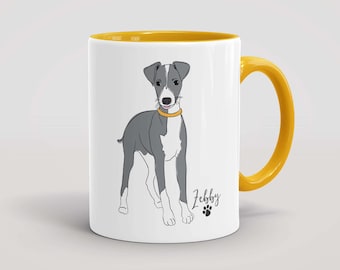 Personalised Grey Whippet Mug, Bespoke Illustrated Dog, Pink, Red, Yellow, Green, Blue, Black & White Handle