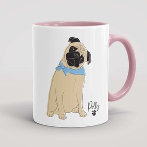 Personalised Pug Mug, Bespoke Illustrated Dog, Pink, Red, Yellow, Green, Blue, Black & White Handle