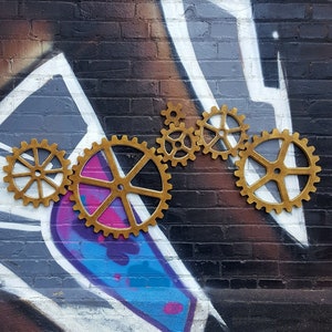 Antique Metallic Brass/gold gear set, Large Wood Gear set, Steampunk Wall Art Decor, Industrial wall art