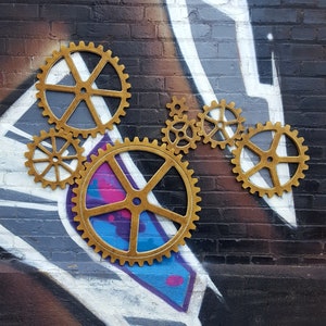 Antique Metallic Brass/gold gear set, Large Wood Gear set, Steampunk Wall Art Decor, Industrial wall art