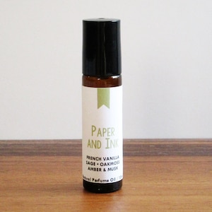 PAPER AND INK / French Vanilla Sage Oakmoss Amber & Musk / Book Inspired / For Writers / Roll-On Perfume Oil
