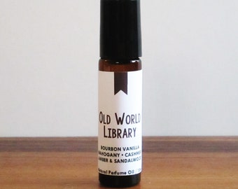OLD WORLD LIBRARY / Bourbon Vanilla Mahogany Cashmere Amber & Sandalwood / Book Inspired / Library Collection / Roll-On Perfume Oil