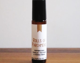 ROLLS OF PARCHMENT / Peppercorn Vanilla Nutmeg & Tonka Bean / Book Inspired / For Writers / Roll-On Perfume Oil