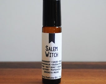 SALEM WITCH / Blackberry Sage Basil Chamomile Eucalyptus Rose Bay Cedar Leather Patchouli Smoke Musk / Book Inspired / Roll-On Perfume Oil