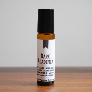 DARK ACADEMIA / Caramel Espresso Leather Cardamom Sandalwood Vanilla Iris Amber & Musk / Book Inspired / Genre / Roll-On Perfume Oil