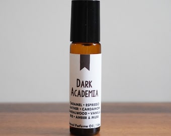 DARK ACADEMIA / Caramel Espresso Leather Cardamom Sandalwood Vanilla Iris Amber & Musk / Book Inspired / Genre / Roll-On Perfume Oil