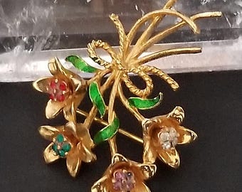 Vintage Flower Bouquet Brooch with Jewel-Tone Rhinestones by Corel - 1980s