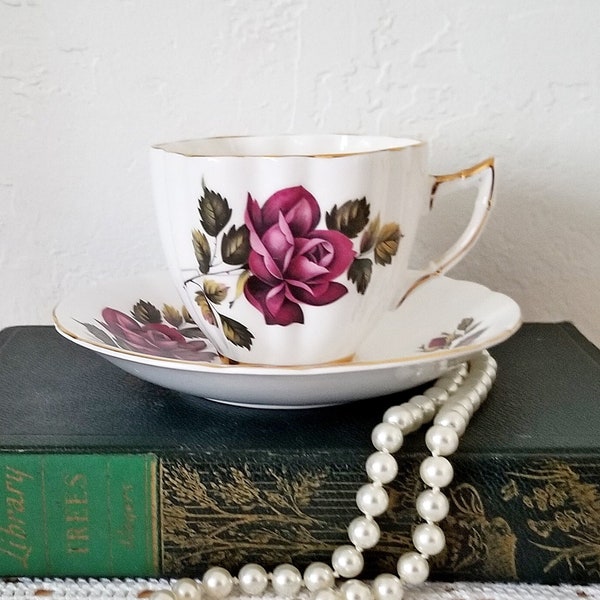 Teacup & Saucer with Rose Design by Royal London - Midcentury Bone China Teacup with Dark Pink Roes - Made in England - Collectible Teacup