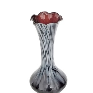 Amethyst Glass Vase with White Abstract Pattern - 6 Inches Tall - Small Art Glass Bud Vase