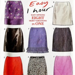May include: A New Look sewing pattern featuring eight skirt variations. The pattern includes a variety of skirt styles, including a fringed denim skirt, a floral print skirt, and a pleated skirt. The text on the pattern reads "Easy 1 hour".