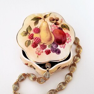Trinket Box with Victorian Fruit Design by Palissy Royal Worcester - Cream-Colored Fine Bone China Box with Lid and Gilded Accents - 1980s