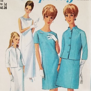 May include: Vintage fashion illustration featuring women in stylish dresses and suits. The designs include a white gown, a turquoise dress, and a turquoise skirt suit. The models are wearing white gloves and shoes. The image is from a vintage sewing pattern.