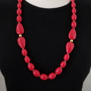 1980s Napier Necklace with Red Plastic Beads - 30&quot; Long Bold Necklace with Gold-tone Spacers