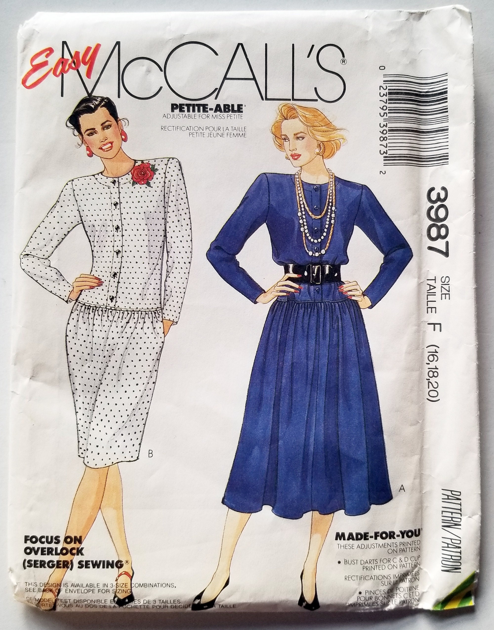 1980s Dresses Sewing Pattern - McCall's 3897 Uncut - Sizes 16 to 20 or Bust 38" to 42" - Make Dresses with Dropped Waist and Shoulder Pads
