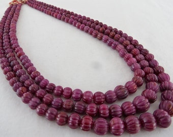 Antique Old 3 Line 621Carats Natural Unheated RUBY CARVED ROUND Beads Necklace
