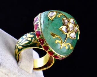 Vintage Natural Emerald Cabochon Diamond 22K Gold Jadau Designer Cocktail Ring