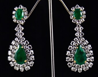 Natural Zambian EMERALD Gemstone Rose Cut DIAMOND Ladies Fine 18K Gold Ladies EARRING