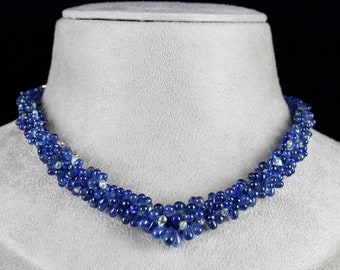 Fine Natural Blue Sapphire Diamond Teardrop 18K Gold Cocktail Statement Necklace