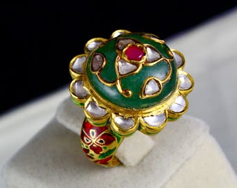 Classic Colombian Emerald Ruby Cabochon DIAMOND 22K GOLD JADAU Ring