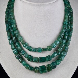 Antique Zambian Emerald Carved Beads Necklace - 746 Carats with Silk Cord