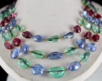 Estate Real Antique Old Mines EMERALD Blue SAPPHIRE SPINEL Tumble Beads Necklace With Diamond Clasp