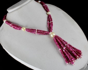 Natural Certified Burmese Ruby Round Gemstone Pearl Beaded 617 Cts 18K Gold Necklace